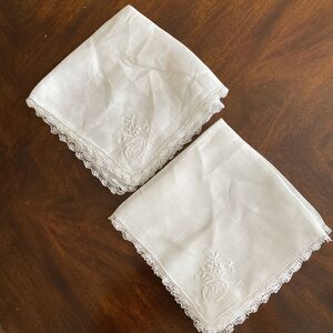 Vintage Dainty Cotton Handkerchief Crochet Edge Set of 2 with Embroidery Florals